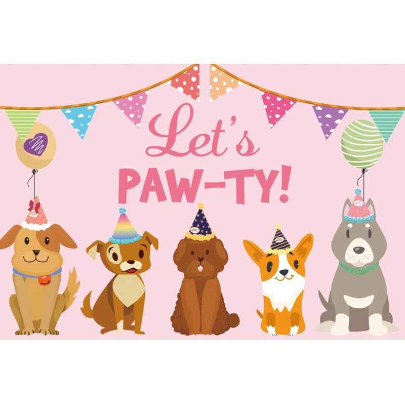 DORCEV 5x3ft Let's Paw-ty Backdrop for Puppy Dog Birthday Party Photography Background Cartoon Dog Sweet Pink Balloon Little Flag Doggy Pet Photo Booth for Dessert Table Banner Wallpaper - Image 1